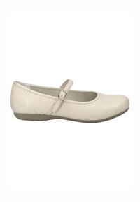 Ballet plat en cuir beige clair avec un bout rond, une sangle à la cheville et une semelle en caoutchouc basse. Texture lisse avec des embellissements minimum.
