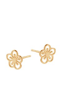 Kwiatowe kolczyki w kształcie studów w odcieniu złota, o otwartej konstrukcji, z pięcioma konturami płatków i błyszczącym wykończeniem. Proste zapięcie na sztyft.