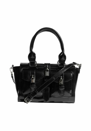 Sort patentlæder håndtaske med dobbelte håndtag, justerbar tværgående rem, to frontlommer og metalspænde detaljer.