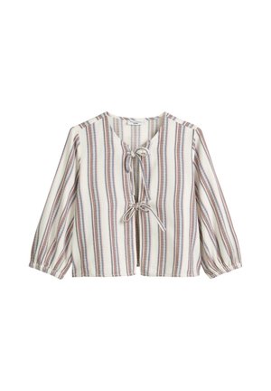 Langärmelige cremefarbene Bluse mit vertikalen blauen und roten Streifen, elastischen Bündchen und zwei vorderen Bindebändern zum Verschließen.