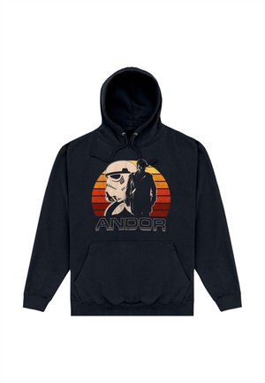 Černá mikina s kapucí s grafickým motivem stormtroopera a postavy na pozadí gradientu západu slunce s nápisem "ANDOR" tučným písmem.