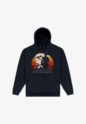 Schwarzer Hoodie mit einem grafischen Design eines Sturmtrupplers und einer Figur vor einem Sonnenuntergangsverlauf mit dem Schriftzug „ANDOR“ in fetten Buchstaben.