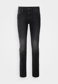 Černé džíny z denimu se slim fit, pěti kapsami, zipovým zapínáním a knoflíkovým uzávěrem. Mají mírné oprání a hladkou texturu.
