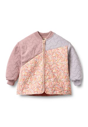 Gesteppte Kinderjacke mit Frontreißverschluss, rosa und lavendelfarbenen Ärmeln sowie einem vorderen Paneel mit Blumenmuster.