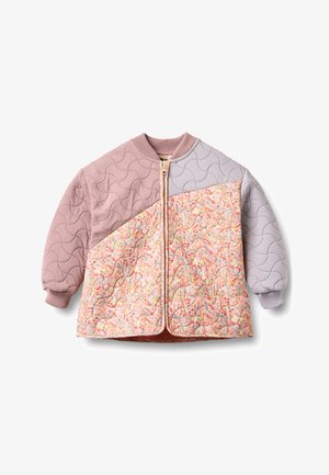 Veste matelassée pour enfants avec fermeture éclair frontale, manches rose et lavande, et panneau avant à motif floral.