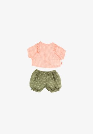 Roze baby top met korte mouwen met witte stippen en ruches, gecombineerd met groene shorts met elastische taille, witte stippen en ruches details.