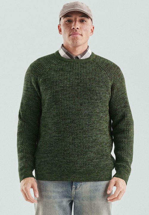 Hisir Maglione da uomo, lavorato a maglia intrecciata, con girocollo, a maniche lunghe, invernale, Verde scuro, S