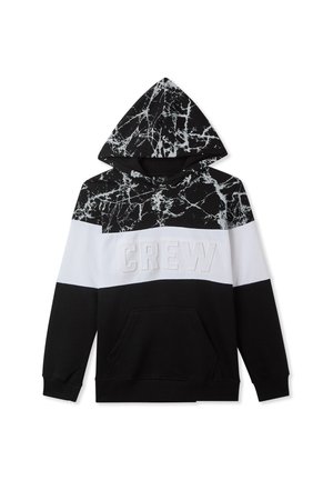 Felpa con cappuccio a motivo marmoreo in bianco e nero, che presenta una forte scritta bianca "CREW", tasca frontale e polsini a coste.
