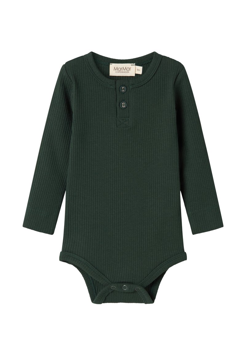 Tmavo zelený, rebrovaný bodysuit s dlhým rukávom a henley výstrihom, dvomi gombíkmi a patentným zapínaním na spodnej časti. Hladká textúra, priliehavý strih.