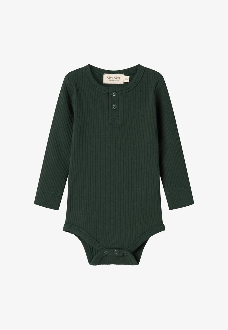 Tmavo zelený, rebrovaný bodysuit s dlhým rukávom a henley výstrihom, dvomi gombíkmi a patentným zapínaním na spodnej časti. Hladká textúra, priliehavý strih.