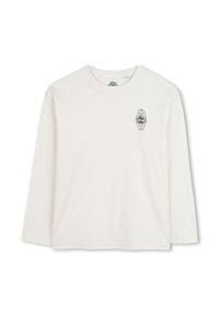 Langärmliges T-Shirt mit Rundhalsausschnitt aus cremefarbenem Baumwollstoff, das ein kleines schwarzes Grafikdesign auf der linken Brustseite trägt. Glattes, leichtes Material.