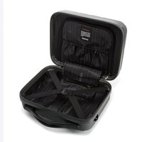 Schwarzer Hartschalenkoffer mit strukturiertem Äußeren. Das Innenleben verfügt über ein gemustertes Futter, elastische Taschen und verstellbare Riemen zur Organisation.