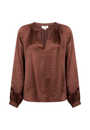 Bruine satijnen blouse met lange mouwen, V-hals en geplooide details op de schouders. Zachte, gestructureerde stof met elastische manchetten.