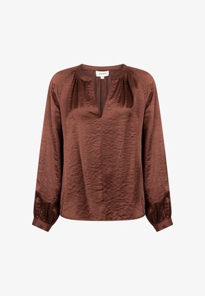 Braune Satinbluse mit langen Ärmeln, V-Ausschnitt und gerafften Details an den Schultern. Weicher, strukturierter Stoff mit elastischen Bündchen.