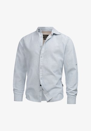 Lys blå langermet skjorte laget av teksturert stoff, med krage med knapper, frontknapper og enknapps mansjetter.