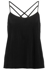 Camisola nera a coste con sottili spalline incrociate, tessuto leggero e vestibilità morbida. Texture sottile su tutto il capo.