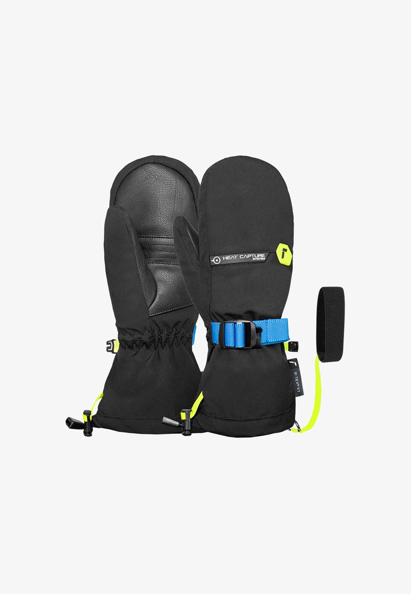Schwarze wasserdichte Fäustlinge verfügen über eine Lederhandfläche, einen elastischen Bund, einen verstellbaren blauen Riemen und gelbe Akzente für einen sicheren Sitz und Isolierung.
