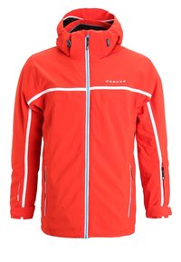 Veste d'hiver rouge à capuche avec fermeture éclair frontale bleue, bandes blanches sur les manches et la poitrine, poches latérales zippées et poignets ajustables.