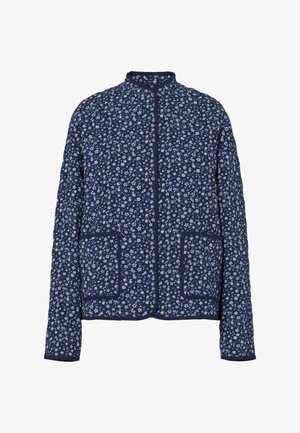 Chaqueta acolchada azul marino con pequeño patrón floral en blanco y azul claro, cuello redondo, mangas largas y dos bolsillos en la parte frontal.