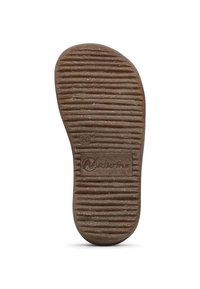 Suela de zapato de goma marrón con surcos texturizados, con forma redondeada y un logo grabado en el lado, etiquetada con la talla 20.