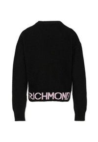 Maglione nero lavorato a maglia con scollo rotondo e maniche lunghe. Presenta un motivo con il logo "RICHMOND" in rosa sull'orlo. Texture morbida.