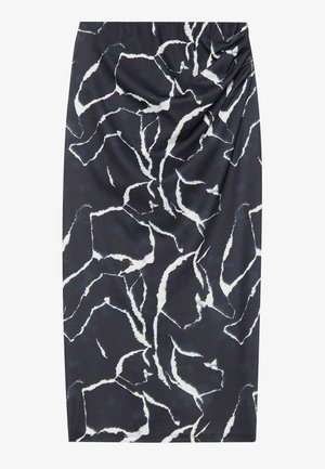 High-waisted pencil skirt in navy with a white abstract pattern. Made of soft fabric, featuring gathered detailing on one side.