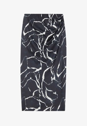 Høytlivs blyantskjørt i marineblått med et hvitt abstrakt mønster. Laget av mykt stoff, med rynkedetaljer på den ene siden.