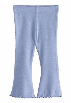 Helles Blau gerippte Leggings mit ausgestellt geschnittenem Bein und gewelltem Saum. Hergestellt aus einem weichen, dehnbaren Material und mit einem elastischen Bund.