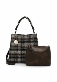 Tote bag van grijs geruite stof met een zwart parelhandvat; inclusief een kleinere bruine leren pouch met rits.
