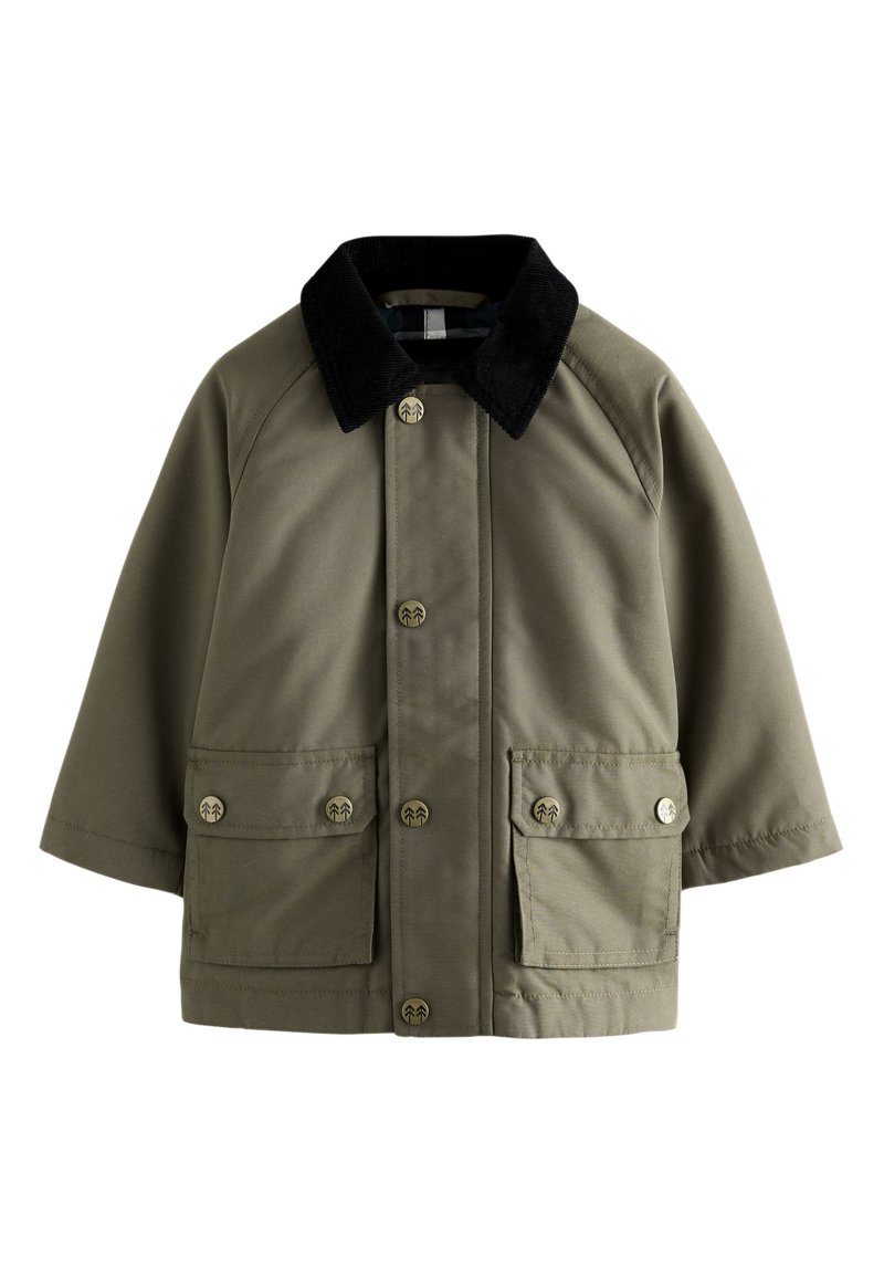 Veste vert olive avec un col en velours côtelé noir, deux poches frontales, des fermetures à boutons et une texture lisse et résistante.