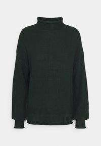 Pull à col roulé tricoté vert foncé avec manches longues et poignets côtelés, présentant un motif texturé sur toute la surface.