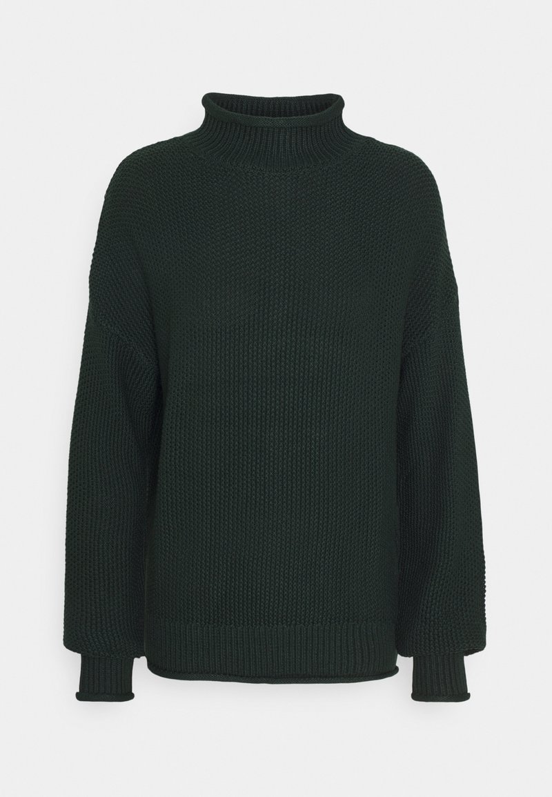 Pull à col roulé tricoté vert foncé avec manches longues et poignets côtelés, présentant un motif texturé sur toute la surface.