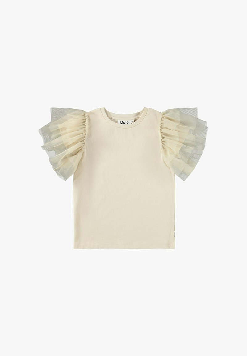 Kremowy t-shirt z krótkimi rękawami, ozdobiony przezroczystymi falbankami z jasnobeżowego i szarego tiulu na obu ramionach. Widoczna metka marki.