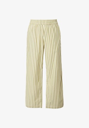 Lys grønne og creme-stribede bredbenede bukser med elastisk talje. Stoffet ser blødt og letvægtsagtigt ud, velegnet til afslappet brug.
