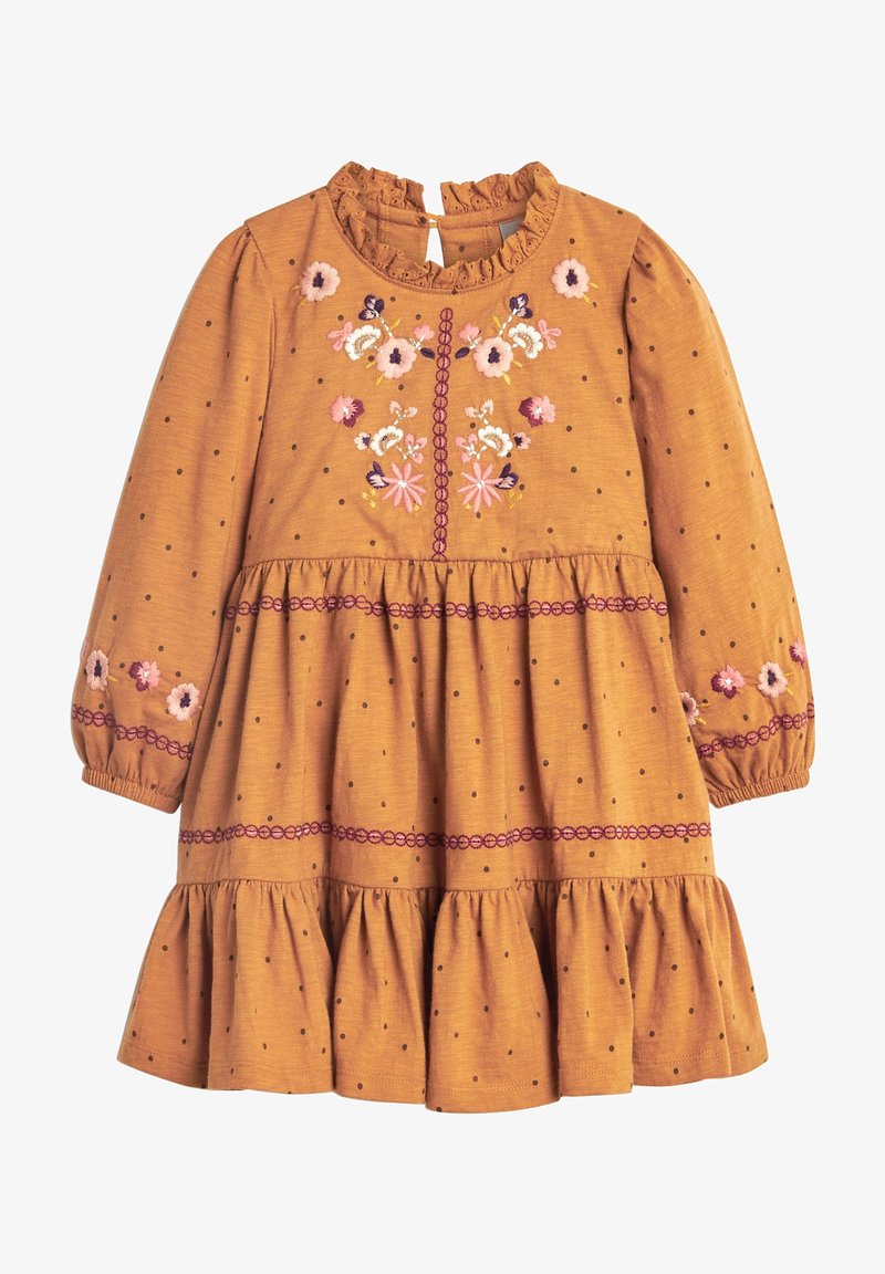 Robe longue pour tout-petit couleur rouille avec broderie florale rose et blanche, pois noirs, col à volants et jupe à volants.