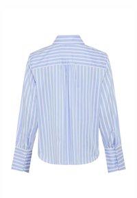 Camicia a righe azzurro chiaro e bianco con piega posteriore, scollo con colletto e polsini con bottoni. Design strutturato con maniche lunghe.