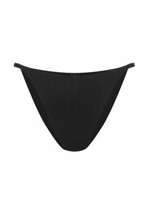 Black ribbed bikini bottom featuring a thin elastic band and seamless design. The fabric has a textured finish. Gold-tone hardware accents.