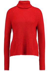 Pull à col roulé rouge en maille avec manches longues, texture côtelée, et coupe ample présentant des détails de points décoratifs sur les côtés.