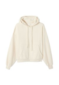 Felpa color crema realizzata in tessuto morbido e strutturato. Presenta una tasca frontale, cappuccio con lacci e polsini a costine. Design a vestibilità ampia.