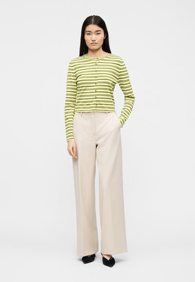 Γυναίκα που φοράει πράσινο και άσπρο ριγέ πουκάμισο με κουμπιά, μπεζ παντελόνι φαρδιάς γραμμής και μαύρα μυτερά παπούτσια, στέκεται με το ένα χέρι στην τσέπη.