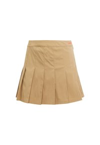 Pleated beige skirt made of lightweight fabric, featuring a fitted waistband and a small logo in red at the top.