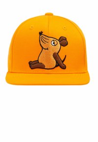 Oranger Baseballcap mit einem 3D-gestickten Mausdesign. Hat einen flachen Schirm und auffällige Farbe. Strukturiertem Shape mit Sechsbahnen-Design.
