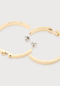 Ζεύγος σκουλαρικιών σε χρυσό τόνο, ημικυκλικά με ραβδώσεις και μικρά ενσωματωμένα κρυστάλλινα στοιχεία, με ασημένια καρφιά και κούμπωμα πεταλούδας.