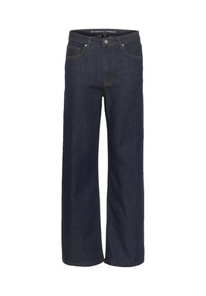 Dark blue denim wide-leg jeans with a high waist, featuring five-pocket styling and contrast stitching. Smooth texture, no visible patterns.