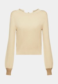 Pull en maille côtelée beige avec un col montant, des manches longues et une coupe courte. Présente un motif texturé et des accents de poignets contrastants.