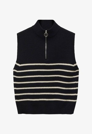 Czarna bezrękawnikowa dzianinowa kamizelka w poziome białe paski z wysokim kołnierzem, zamkiem błyskawicznym w kolorze srebrnym i okrągłym uchwytem.