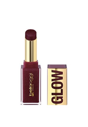 Rossetto rosso scuro lucido con confezione dorata, nome del marchio in oro "bellapoggi Italia" sul tubo e tappo dorato separato etichettato "GLOW".