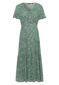 Robe midi verte à manches courtes, col en V, boutons blancs sur le devant et petit motif floral multicolore.