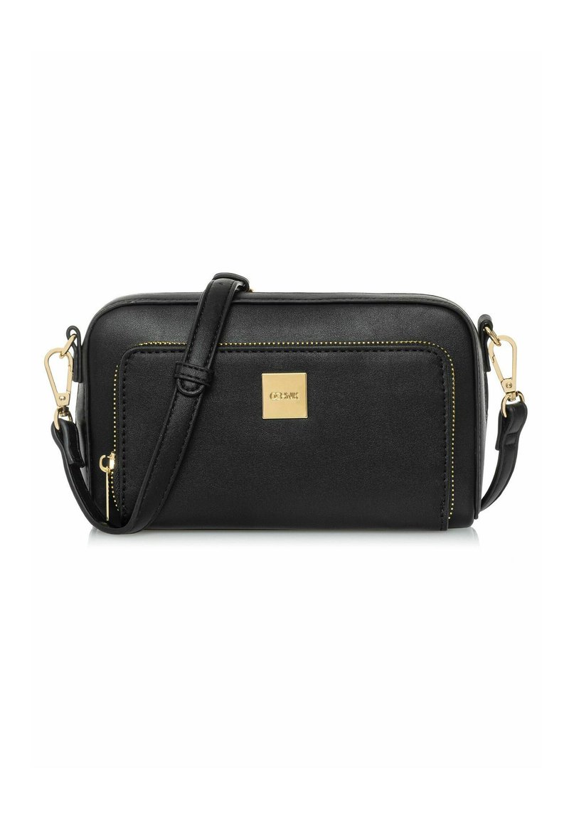 Czarna torebka crossbody z ekoskóry z zamkiem błyskawicznym, złotymi akcentami i eleganckim prostokątnym kształtem. Posiada regulowany pasek.