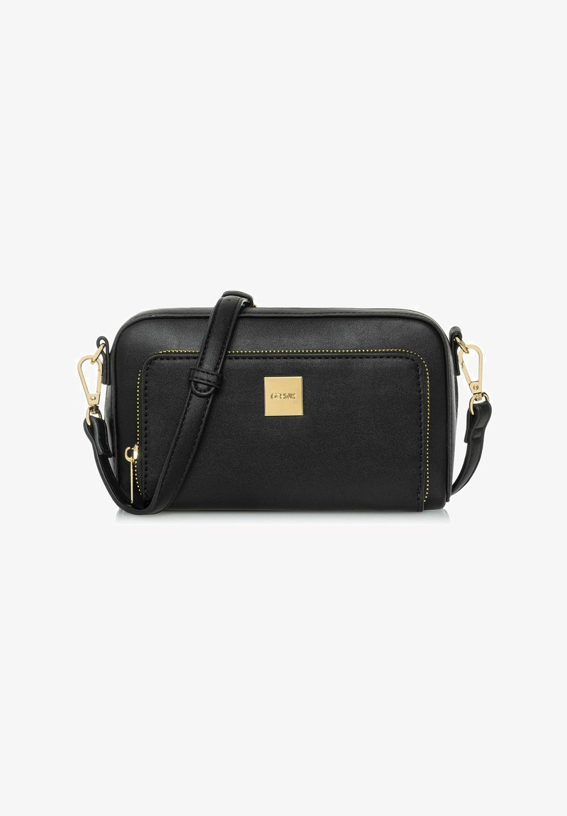 Czarna torebka crossbody z ekoskóry z zamkiem błyskawicznym, złotymi akcentami i eleganckim prostokątnym kształtem. Posiada regulowany pasek.